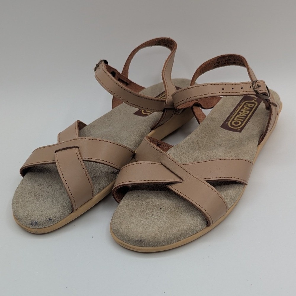 Rapallo Womens 7 Tan Leather Strap Sandals Made in Italy Flat Buckle Ankle Strap